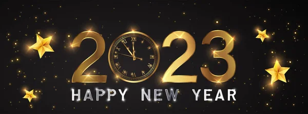 Szczęśliwego Nowego 2023 Roku Elegancki Złoty Tekst Fajerwerkami Zegarem Światłem — Wektor stockowy