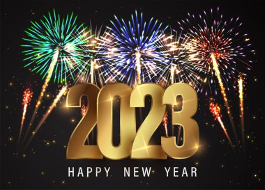 Mutlu yeni 2023 yılı. Hafif efektli ve havai fişekli zarif metin..