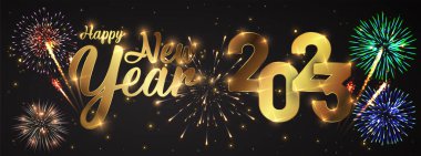 Mutlu yeni 2023 yılı. Hafif efektli ve havai fişekli zarif metin..