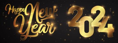 Altın parıltılı havai fişeklerin yeni yılı kutlu olsun. Vector Golden Işıltılı metin ve 2024 numara bayram tebrik kartı için parlıyor.