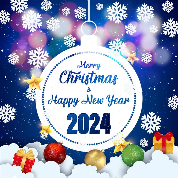 メリークリスマスとハッピーニューイヤー2024 ゴールドグリッターテクスチャでブルーの背景に典型的な ゴールデンシマー背景のベクトルイラスト クリスマスカード ベクターイラスト — ストックベクタ