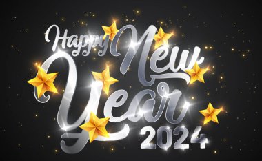 Işıltılı, gümüş rengi havai fişeklerin yeni yılı kutlu olsun. Vektör gümüş parıltılı metin ve bayram tebrik kartı için parlayan 2024 numara