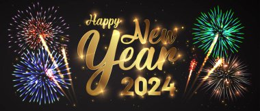 Mutlu yeni 2024 yılı hafif efektli ve havai fişekli zarif metin.