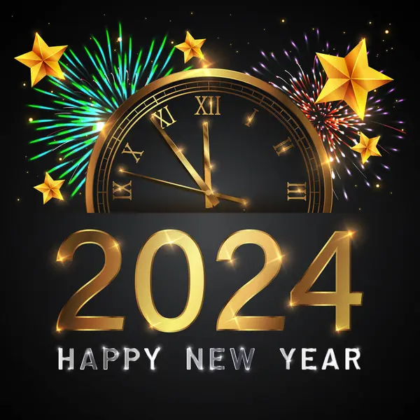 Новым 2024 Годом Элегантный Золотой Текст Фейерверками Часами Светом Минималистический — стоковый вектор