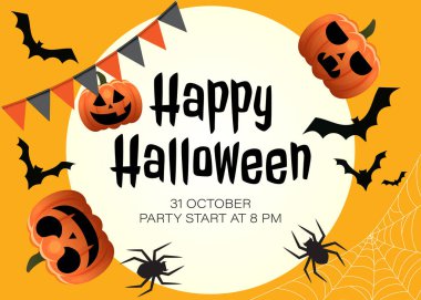 Cadılar Bayramı dikey arka planı, balkabağı, perili ev ve dolunay. Cadılar Bayramı partisi için el ilanı ya da davetiye şablonu. Vektör illüstrasyonu.