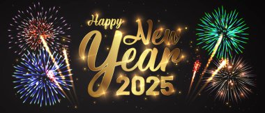Mutlu yeni 2025 yılı. Hafif efektli ve havai fişekli zarif metin..