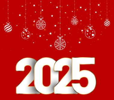 Kırmızı arka planda topları olan mutlu yıllar 2025..