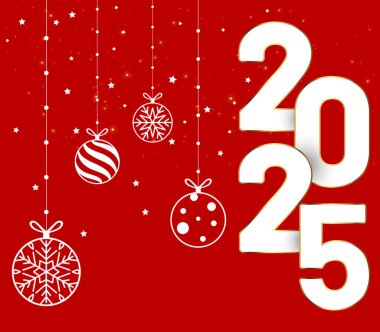 Kırmızı arka planda topları olan mutlu yıllar 2025..