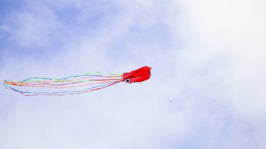 Oyuncak Uçurtma - kırmızı ahtapot, bulutlu mavi gökyüzünde ilerleyen dokunaçlar gibi uzun kurdelelerle havada uçuyor.