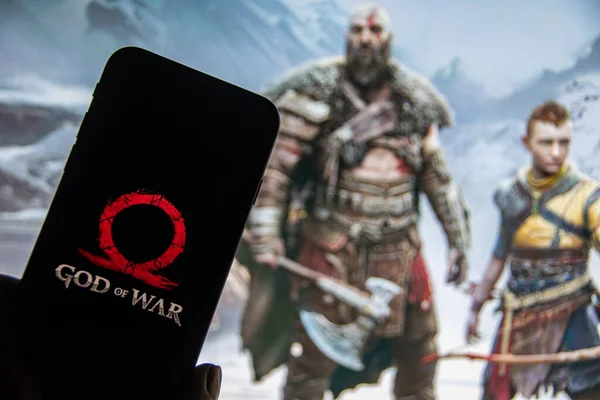 Rheinbach Alemania Diciembre 2022 Logotipo Serie Juegos God War Pantalla —  Fotos de Stock