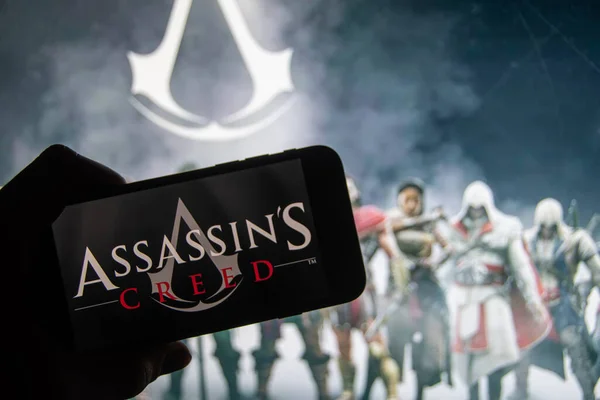 Rheinbach Alemania Febrero 2023 Logotipo Serie Juegos Assassins Creed Pantalla —  Fotos de Stock