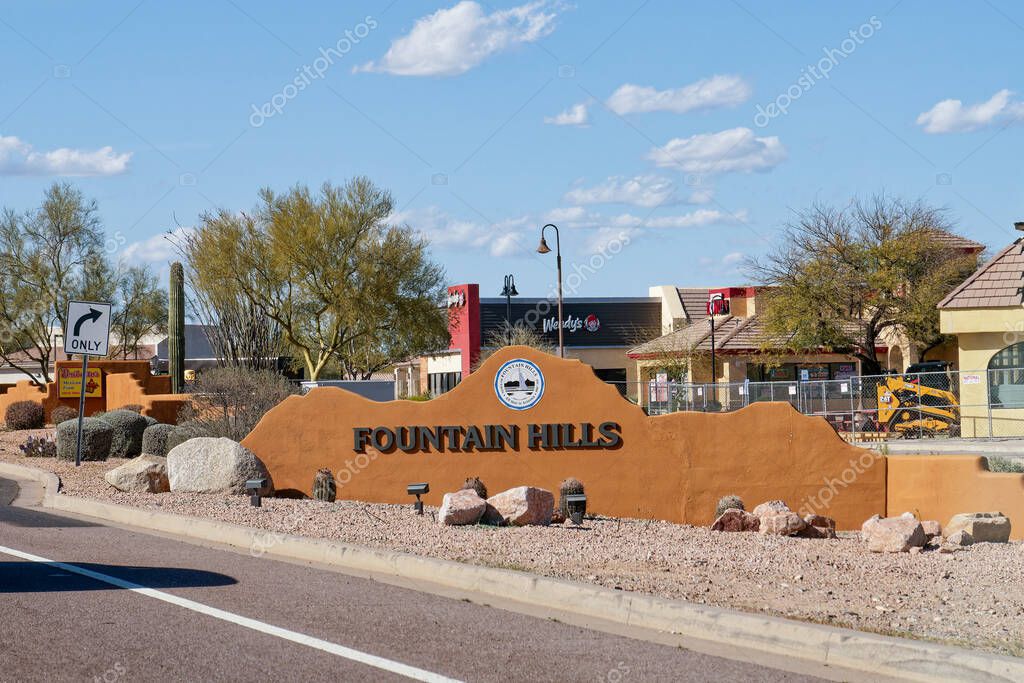 Fountain Hills, AZ - March 13, 2023: Sign on E Shea Blvd as you enter the town of Fountain Hills.