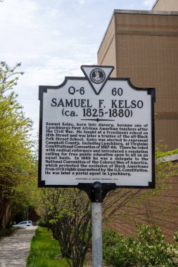 Lynchburg, VA - 21 Nisan 2022: Kölelikte doğan Samuel F. Kelso, iç savaştan sonra Lynchburg 'un ilk Afrikalı Amerikalı öğretmenlerinden biri oldu..