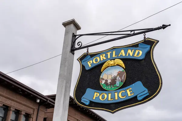 stock image Portland, CT - May 4, 2023: Sign in front of the Portland , Connecticut Police Station on Main Street.