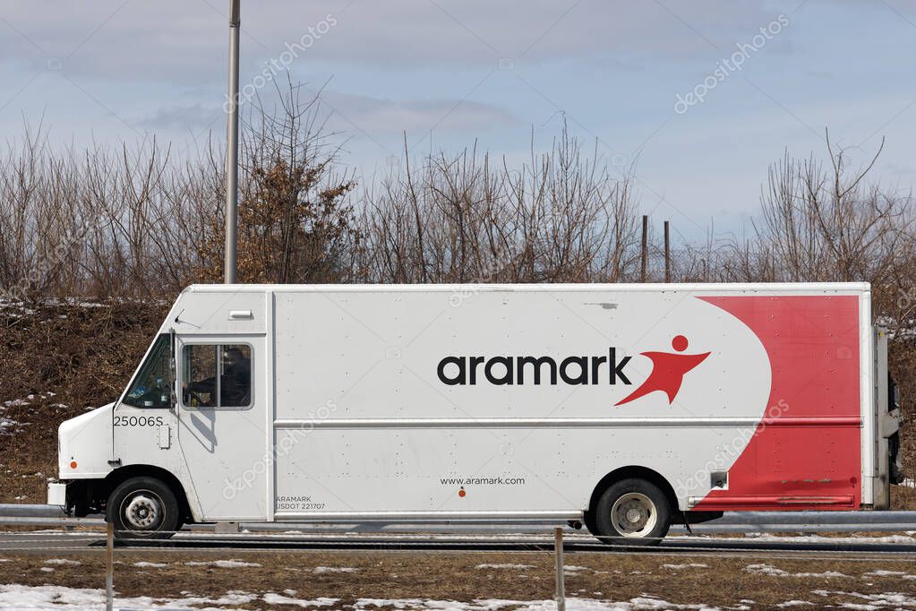 Manchester, CT - March 2, 2022: Aramark is an American company that provides food and uniform services as well as facilities management to companies in 15 countries on 4 continents.