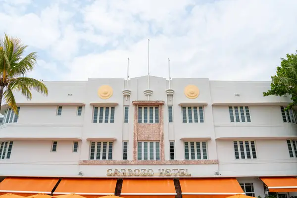 stock image South Beach, Miami Beach, Florida - April 4, 2024: The Art Deco style Cardozo Hotel on Ocean Drive, currently owned by Gloria and Emilio Estefan, was originally built in 1939.