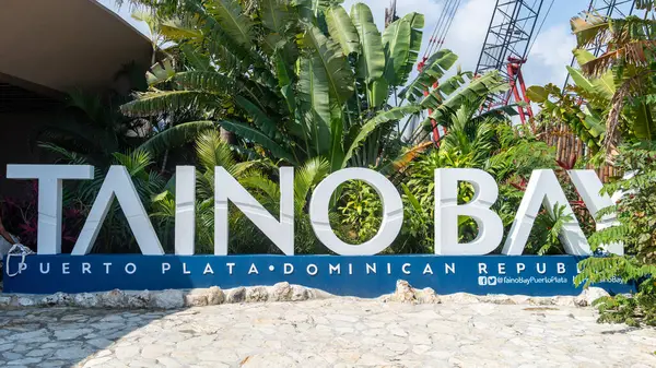 stock image Puerto Plata, DR - April 7, 2024: Sign at the Taino Bay Cruise Port in the Dominican Republic. It is named for the Taino, the Indigenous people inhabiting Hispaniola Island, now Dominican Republic.