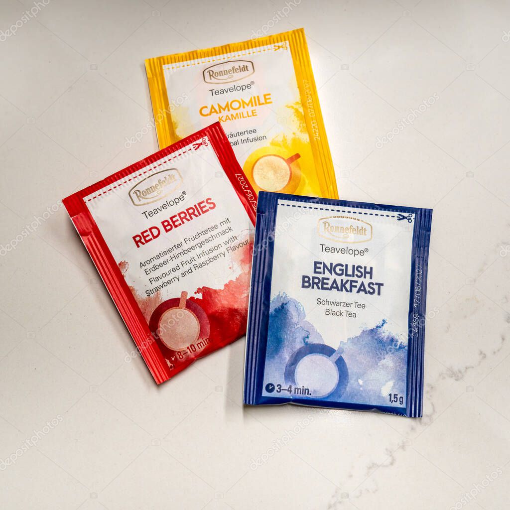Prague, Czechia - Jan. 19, 2025: Selection of Ronnefeldt tea bags. Ronnefeldt offers customized solutions for the hospitality industry with concepts for hotels, restaurants, catering and hospitals.