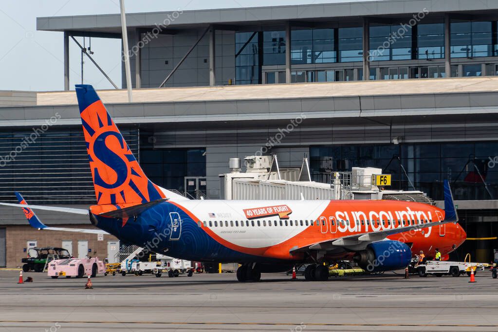 Phoenix, AZ - March 31, 2025: Sun Country airplane at Phoenix Sky Harbor airport. Sun Country Airlines is an ultra-low cost airline in the United States.