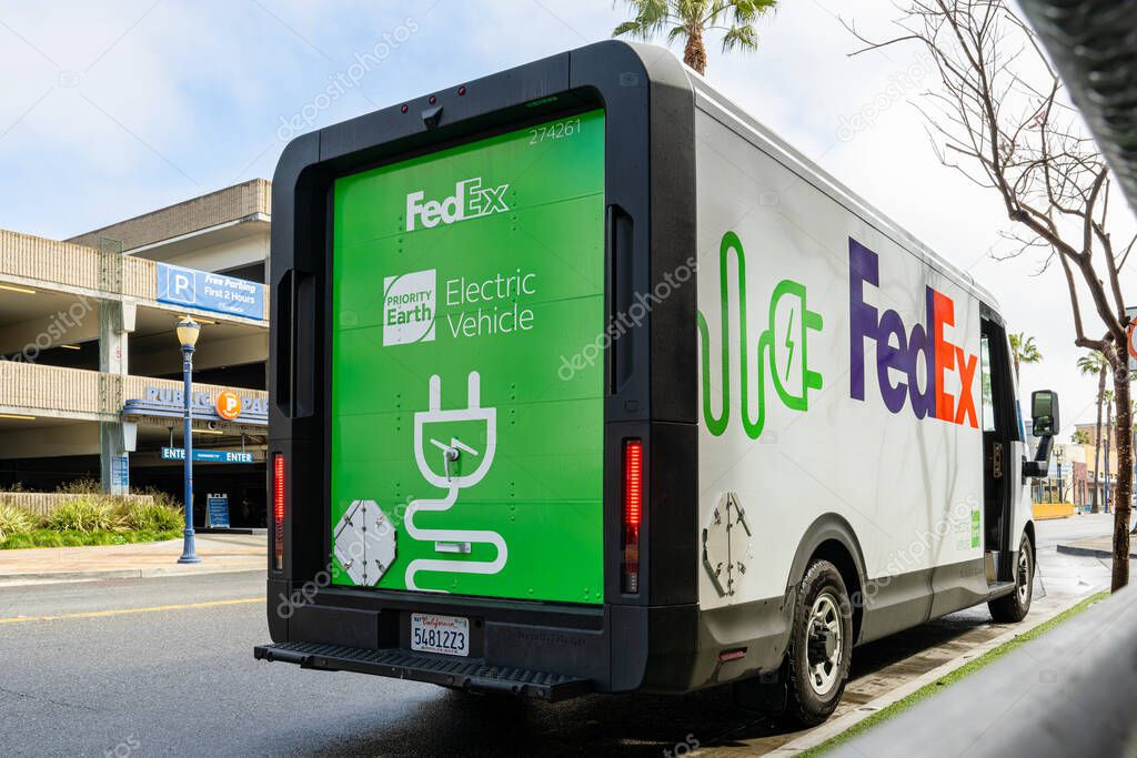 Long Beach, CA - March 12, 2025: This FedEx Electric vehicle is a BrightDrop Zevo 600 all-electric van.