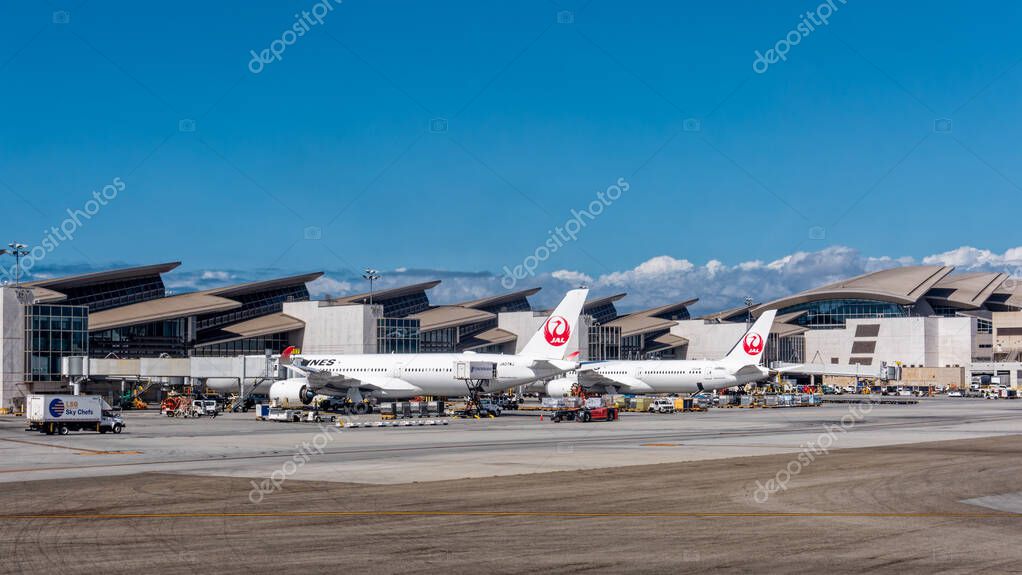 Los Angeles, CA - Oct. 3, 2025: Japan Airlines aircraft at gates in the Tom Bradley International Terminal (B) at Los Angeles International Airport (LAX).