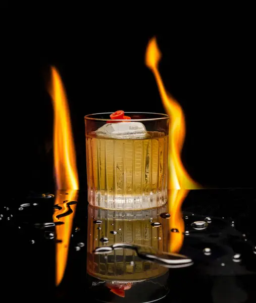 whiskey on fire with ice cubes on a black background.