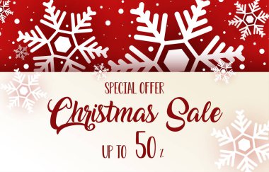 Noel indirimi bayrağı. Beyaz kar taneleriyle süsleyin. Yılbaşı ve Noel boyunca özel teklifler ve indirimler için etiketler. vektör illüstrasyonu