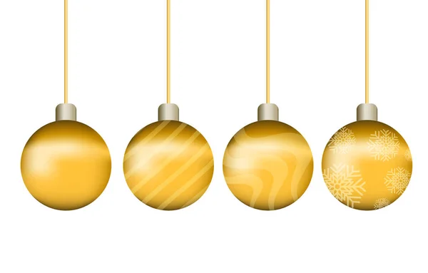 Noel altın topları sallanıyor. Beyaz bir arka planda izole edilmiş. Bir desenle süslenmiş. Yeni yıl partisi ve Noel festivali illüstrasyon konsepti
