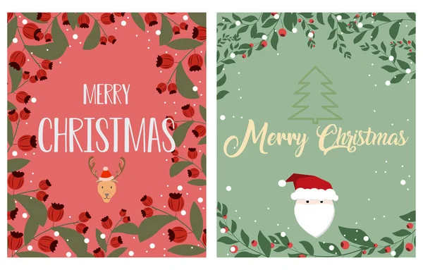 Σετ Χριστουγεννιάτικες Και Ευχάριστες Κάρτες Πρότυπο Λουλουδιών Και Φύλλων Ρετρό — Διανυσματικό Αρχείο