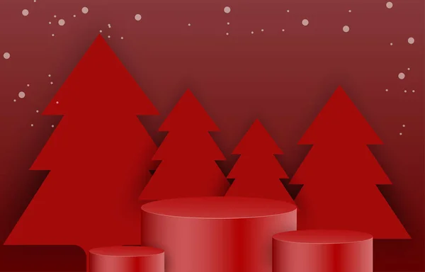 Vörös Karácsonyi Pódium Fenyőfákkal Díszítve Üres Hengeres Mockup Háttér Kép — Stock Vector
