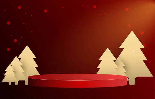 Rode Kerst Podium Versierd Met Pijnbomen Lege Cilinder Mockup Achtergrond — Stockvector