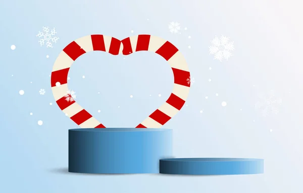 Blauw Kerstpodium Versierd Met Suikerriet Sneeuwvlokken Lege Cilinder Mockup Achtergrond — Stockvector