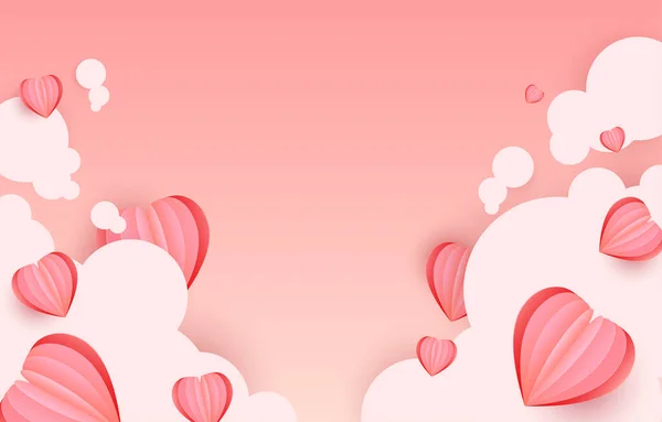 纸切成心形的元素在云彩上飘扬 粉色和甜蜜的背景 复制空间用于设计 情人节 生日贺卡设计的爱情矢量符号 — 图库矢量图片