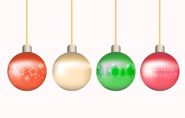 カラフルなクリスマスボールがぶら下がっている 雪片とドアのパターンで飾られています 元日パーティーやクリスマスフェスティバルのイラストベクトルコンセプト — ストックベクタ