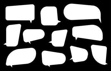 Konuşma baloncuklarını siyah arkaplana ayarla. Sohbet kutusu veya sohbet vektör karesi ve karalama iletisi veya çizgi roman ve en küçük ileti diyaloğu için konuşan iletişim simgesi