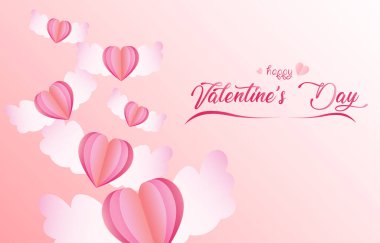 Minimum kart Sevgililer Günün kutlu olsun. Kağıt kesiği uçan kalp elementleri tebrik kartlarını suluboya ile süslüyor. Kare kağıt çerçevesinde vektör illüstrasyon metni