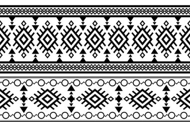 Afrika kabilesinin siyah ve beyaz soyut etnik geometrik modeli. Kumaş desenleri, kilimler, gömlekler, kostümler, türban, şapkalar, perdeler basmak için arkaplan veya duvar kağıdı tasarımı..