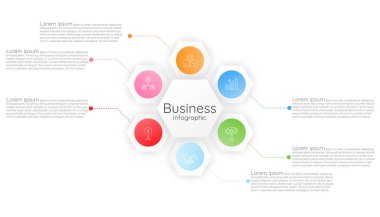 İş bilgisi sunumu için bilgi şablonu adım rehberi. Vektör altıgen ve simge elementleri. Modern iş akışı şemaları. Plan 6 başlıklarını rapor et