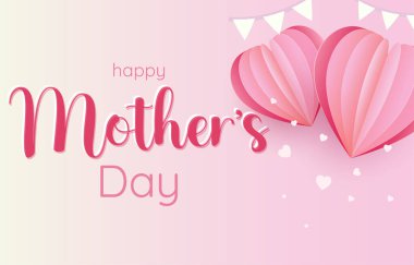 Anneler Günü tebrik kartı. 3D uçan kalpler, pembe kağıt kesiği ve festival bayrağı olan anne pankart vektörü. Aşkın sembolü ve pembe arka planda el yazısıyla yazılmış mektuplar..