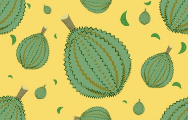 Durian pürüzsüz deseni. Yuvarlak tropikal meyve. Dikenli meyve. Hediye paketleme kağıt vektör çizimi.