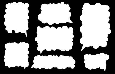 Beyaz bulutlu konuşma baloncuklarını siyah arkaplana ayarla. Sohbet kutusu veya sohbet vektör karesi ve karalama iletisi veya çizgi roman ve en küçük ileti diyaloğu için konuşan iletişim simgesi