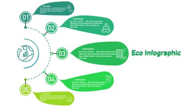Enerji tüketimi sürdürülebilir bilgi sunumu için Infographic yenilenebilir enerji şablonu. Vektör elementleri eko yeşil iş akışı diyagramları. Plan 5 başlıklarını rapor et