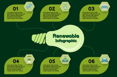 Enerji tüketimi sürdürülebilir bilgi sunumu için Infographic yenilenebilir enerji şablonu. Vektör altıgen ve simge elementleri. Ekoloji modern iş akışı şemaları. Plan 6 başlıklarını rapor et
