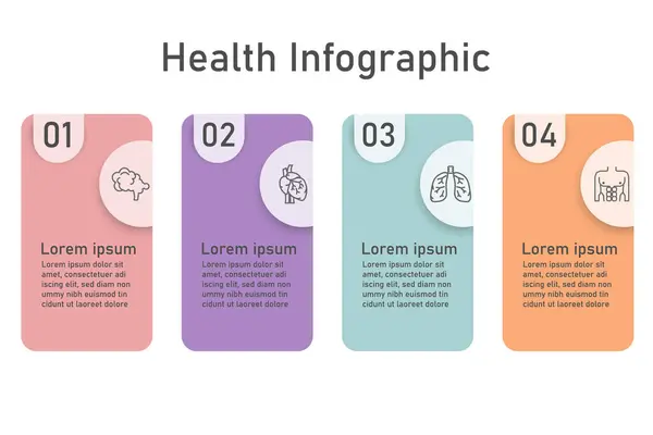 Tedavi ve sağlık hizmetleri sunumu için Infographic sağlık hizmeti şablonu. Organ simgeleriyle vektör karesi ve örnek cümleler. Modern iş akışı şemaları. Plan 4 başlıklarını rapor et