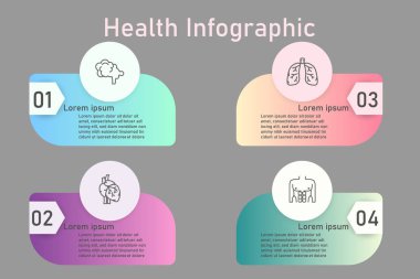 Tedavi ve sağlık hizmetleri sunumu için Infographic sağlık hizmeti şablonu. Organ simgeleriyle vektör geometrik ve örnek cümleler. Modern iş akışı şemaları. Plan 5 başlıklarını rapor et