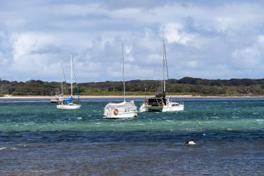 Amerikan Nehri 'ndeki Pelikan Limanı' nda yelkenli gemiler. Kanguru Adası, Güney Avustralya.