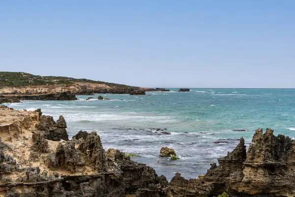 Cape Buffon Walking Trail, Southend, Güney Avustralya boyunca engebeli deniz manzarası.