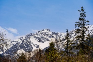 Jiuzhaigou Ulusal Parkı 'ndaki karlı dağ zirvesi, Sichuan, Çin