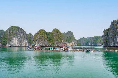 Lan Ha Bay, Hai Phong, Vietnam 'da su ürünleri salları..