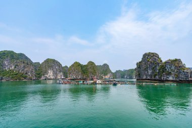 Lan Ha Bay, Hai Phong, Vietnam 'da su ürünleri salları..